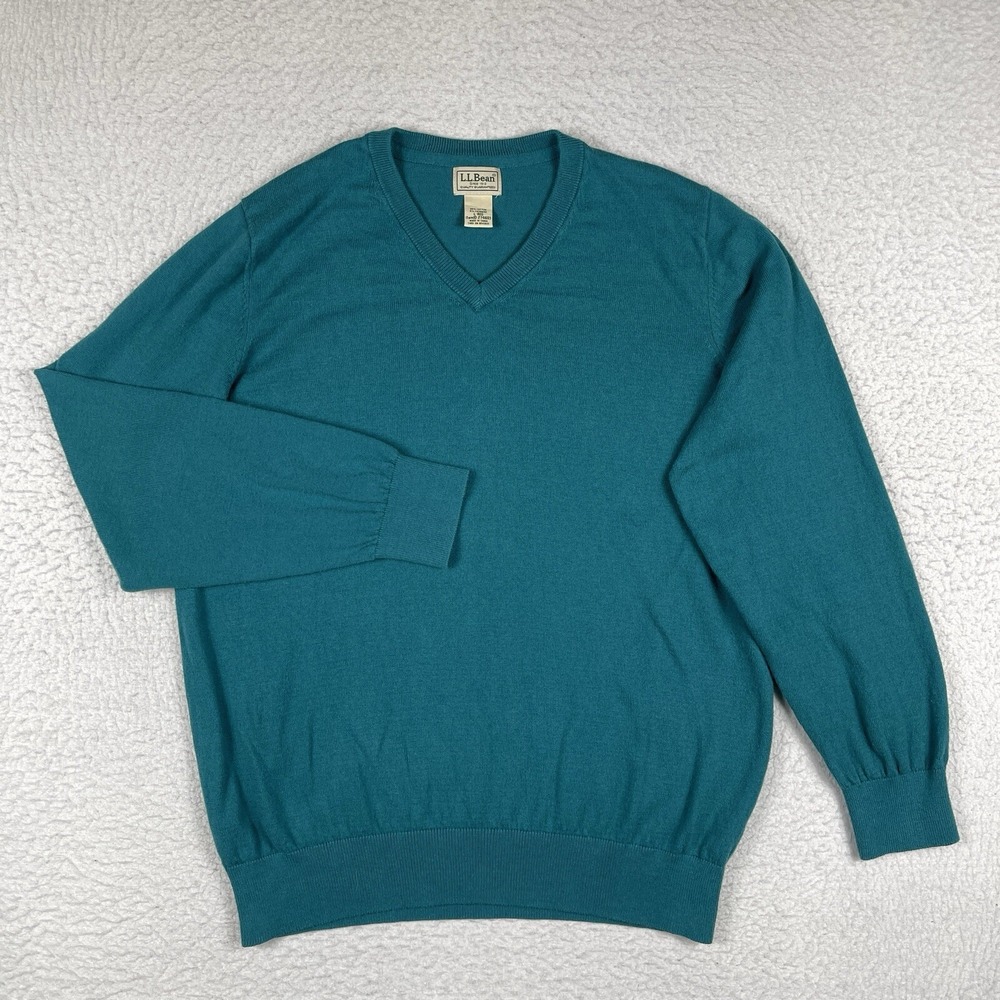 LL Bean Sweater Mens Large Blue V Neck Cotton Cashmere Preppy Casual‎ Gorpcore